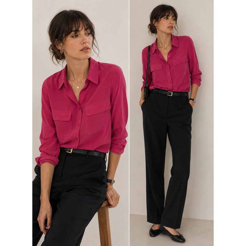 Equipment Femme Pink Silk Button Down Shirt Flap Pockets Q23-E231 Magenta Small